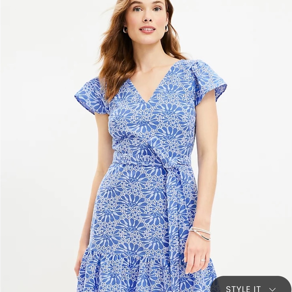 NWT — Loft — Eyelet Belted Flutter Sleeve Swing Dress — Size 16